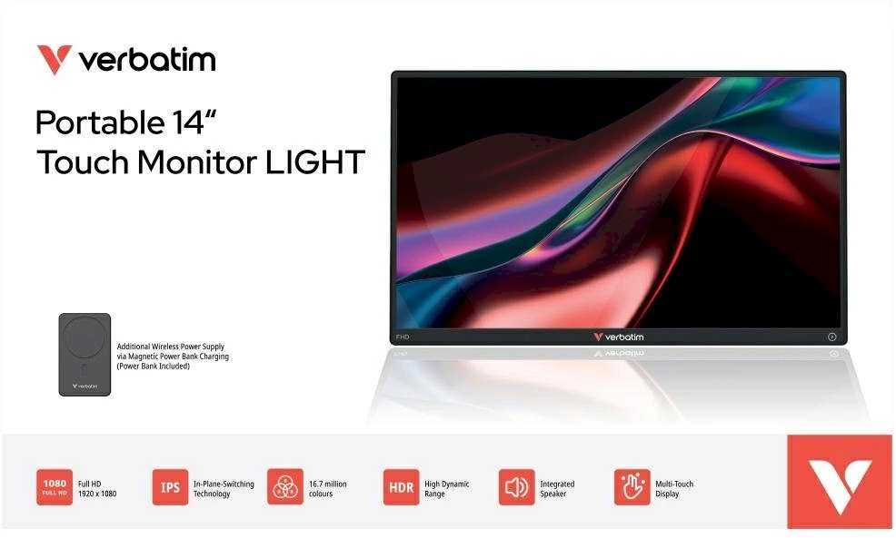 Nešiojamas jutiklinis monitorius Verbatim LIGHT 14" FHD su išorine baterija 5000mAh, juodas 32088