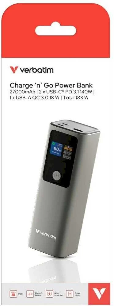 Verbatim Charge 'n' Go išorinė baterija, 27000mAh, 2× USB-C PD 3.1 140W + USB-A QC 3.0 18W, Pilkas