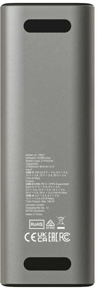 Verbatim Charge 'n' Go išorinė baterija, 27000mAh, 2× USB-C PD 3.1 140W + USB-A QC 3.0 18W, Pilkas