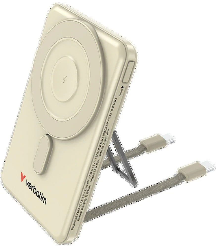 „Verbatim Charge ’n’ Go 2C“ magnetinis belaidis išorinis akumuliatorius su stovu, 5000 mAh, 2 × USB-C, auksinės spalvos