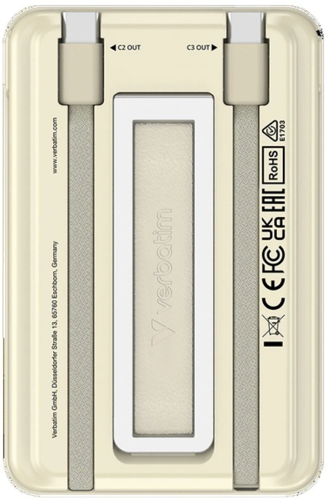 „Verbatim Charge ’n’ Go 2C“ magnetinis belaidis išorinis akumuliatorius su stovu, 5000 mAh, 2 × USB-C, auksinės spalvos