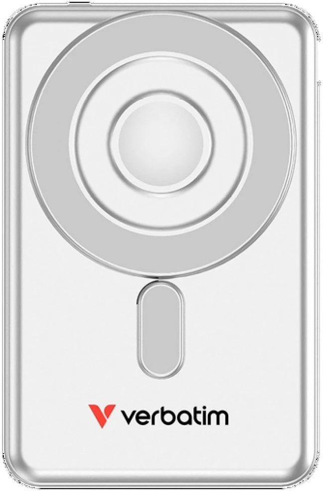 „Verbatim Charge ‘n’ Go 2C“ magnetinė belaidė išorinė baterija su stovu, 5000 mAh, 2 × USB-C, Sidabrinis