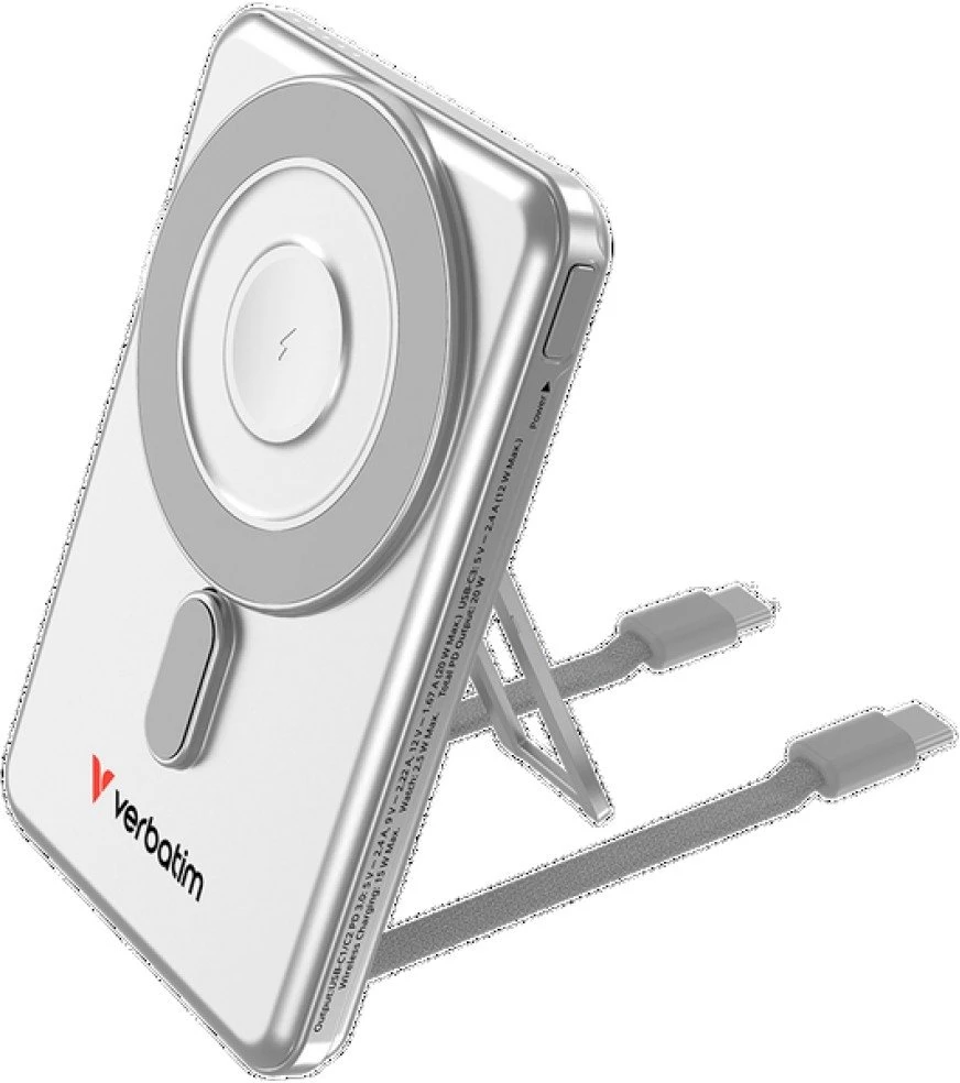 „Verbatim Charge ‘n’ Go 2C“ magnetinė belaidė išorinė baterija su stovu, 5000 mAh, 2 × USB-C, Sidabrinis