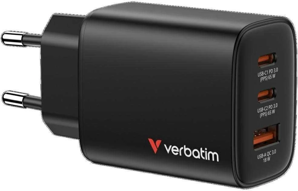 Verbatim GaN Travel Charger Essentials 65W, 2×USB-C PD, 1×USB-A QC, EU Plug, Juodas