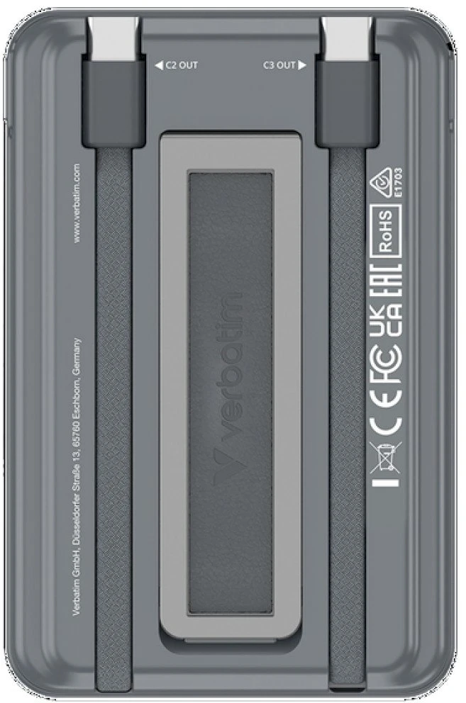 „Verbatim Charge ‘n’ Go 2C“ magnetinė belaidė išorinė baterija su stovu, 5000 mAh, 2 × USB-C, pilka