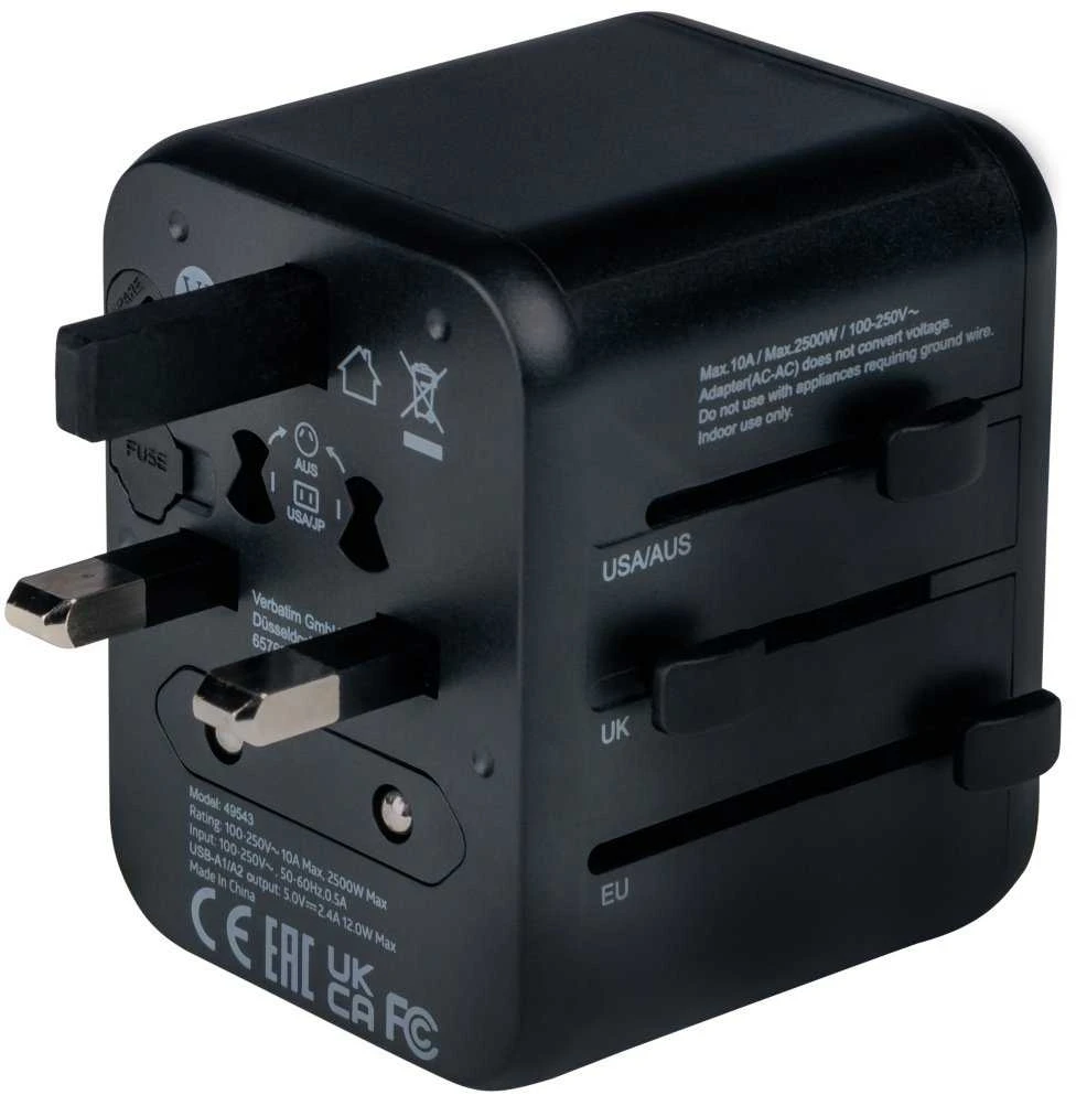 Verbatim Adapteris kelioninis EU/UK/US 2xUSB-A UTA-01 juodos spalvos 49543