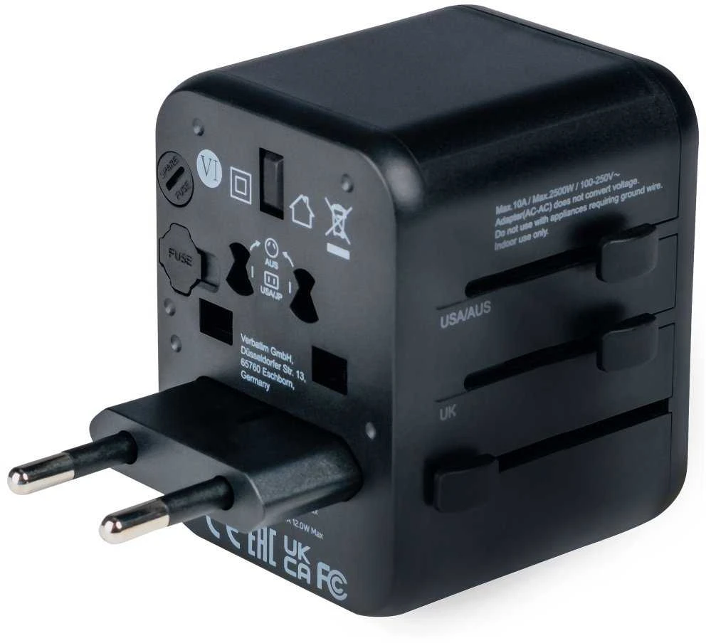 Verbatim Adapteris kelioninis EU/UK/US 2xUSB-A UTA-01 juodos spalvos 49543