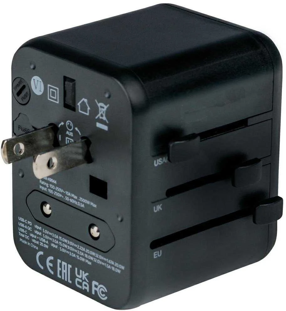 „Verbatim“ universalus kelioninis adapteris UTA-02 su USB-C PD ir USB-A QC jungtimi, Juodas