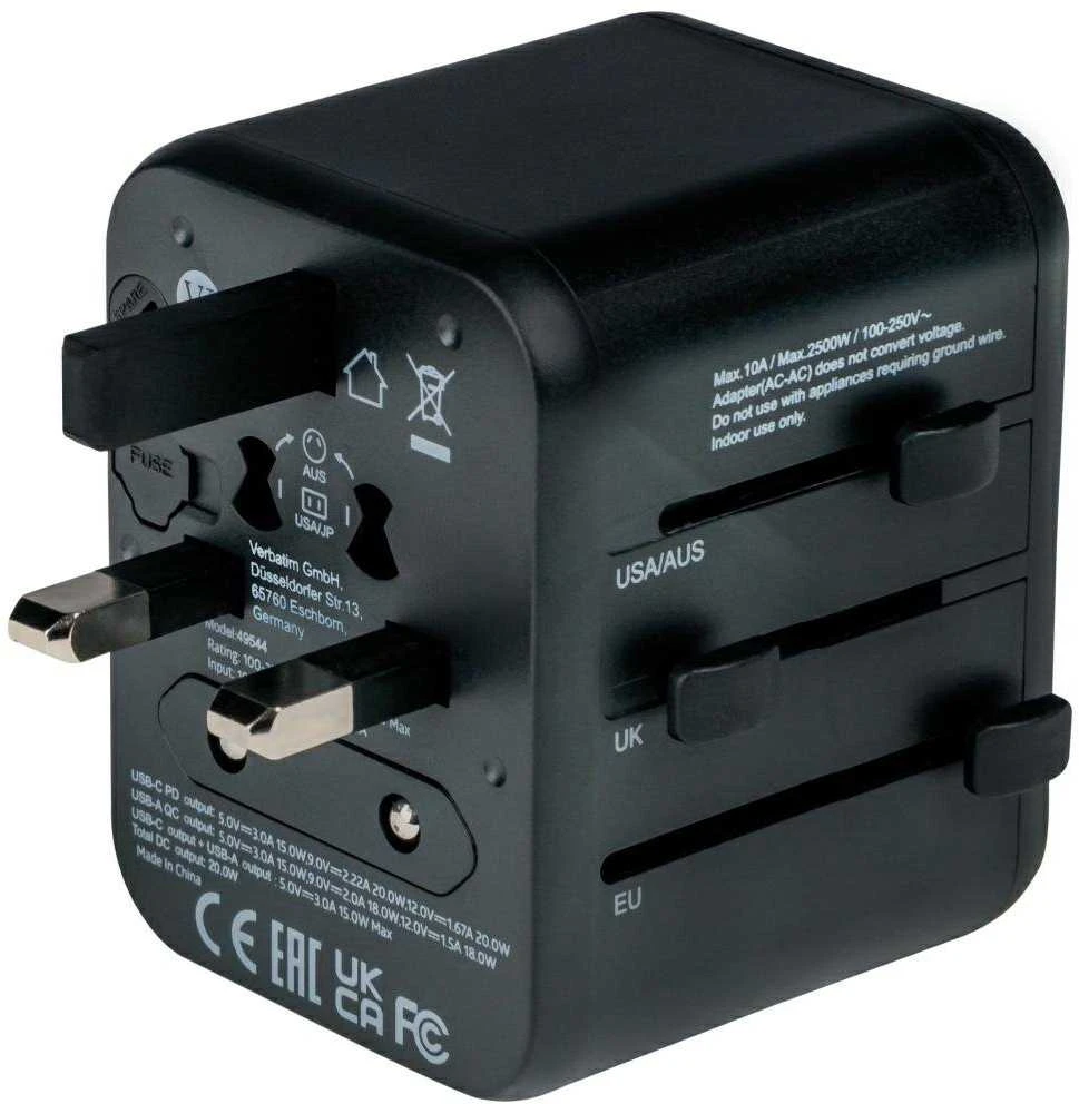 „Verbatim“ universalus kelioninis adapteris UTA-02 su USB-C PD ir USB-A QC jungtimi, Juodas