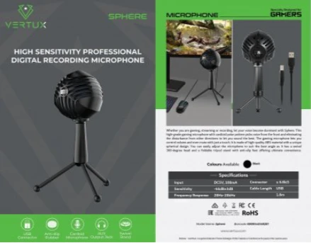 VERTUX Sphere Professional skaitmeninis mikrofonas PC / PS4 / PS5