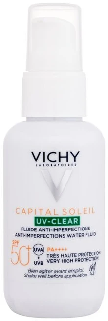 Vichy "Capital Soleil Uv Clear Fluide Anti Imperfections Spf50+" riebios odos apsauginis kremas nuo saulės su salicilo rūgštimi 40 ml