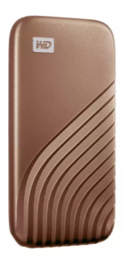 Kietasis diskas Western Digital „Sandisk WD 1TB My Passport SSD“ – nešiojamas SSD diskas, kurio skaitymo ir įrašymo greitis – 1050 MB/s, o įrašymo – 1000 MB/s, USB 3.2 Gen 2 – auksinis, EAN: 619659183981