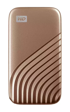 Kietasis diskas Western Digital „Sandisk WD 1TB My Passport SSD“ – nešiojamas SSD diskas, kurio skaitymo ir įrašymo greitis – 1050 MB/s, o įrašymo – 1000 MB/s, USB 3.2 Gen 2 – auksinis, EAN: 619659183981