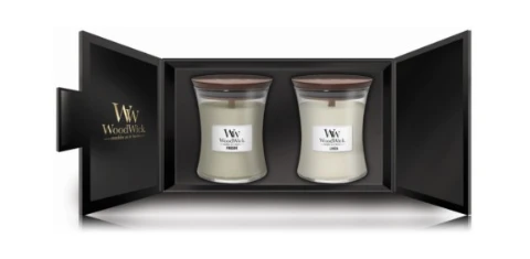 WoodWick Aromatinių žvakių rinkinys (Fireside, Linen), 2 x 275 g