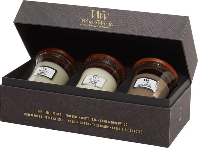 WoodWick Aromatinių žvakių rinkinys (Fireside, White Teak, Sand & Driftwood), 3 x 85 g