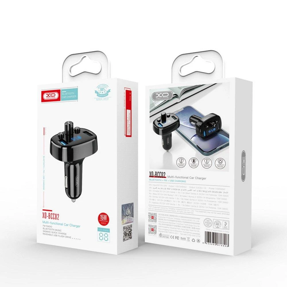 XO FM siųstuvas BCC02 Bluetooth MP3 automobilinis įkroviklis 15W juodas