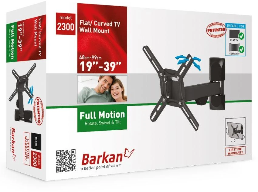 „Barkan“ plokščio/lenkto televizoriaus sieninis laikiklis 2300, pilnai judinamas, 13–39 colių, maksimalus svoris (talpa) 25 kg, Juodas