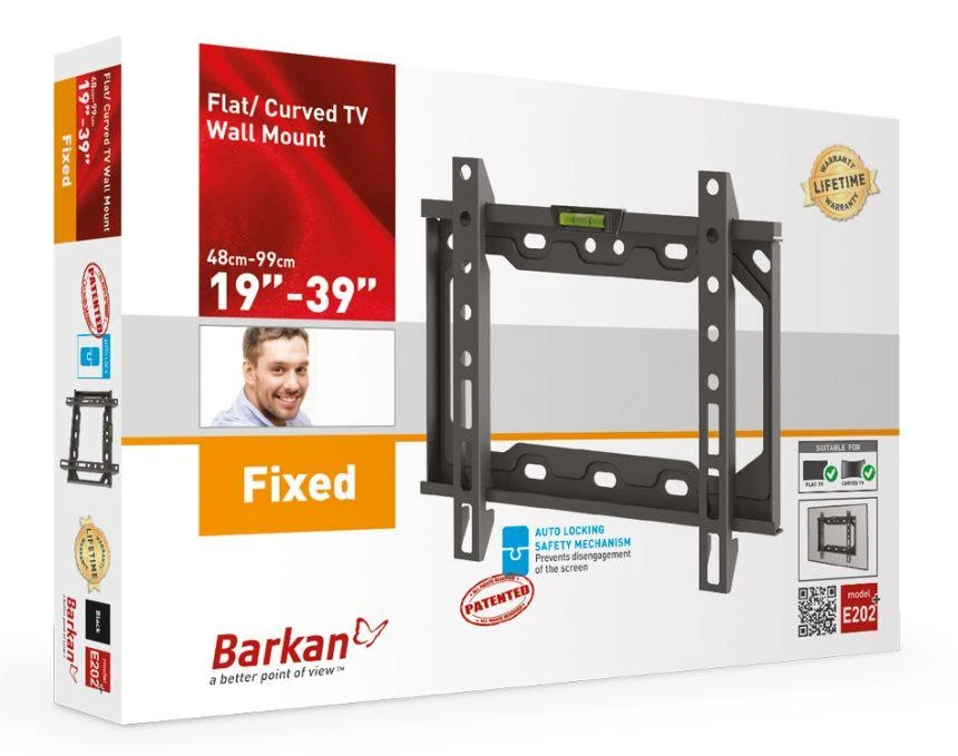 Barkan plokščio/lenkto televizoriaus sieninis laikiklis E202+, fiksuotas, 26-39", maksimalus svoris (talpa) 30 kg, Juodas