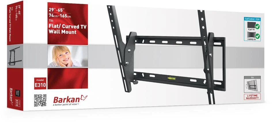 Laikiklis „Barkan“ plokščių / lenktų televizorių sieniniai laikikliai E310+, pakreipiamas, 29–65 colio, maksimalus svoris (talpa) 50 kg, Juodas