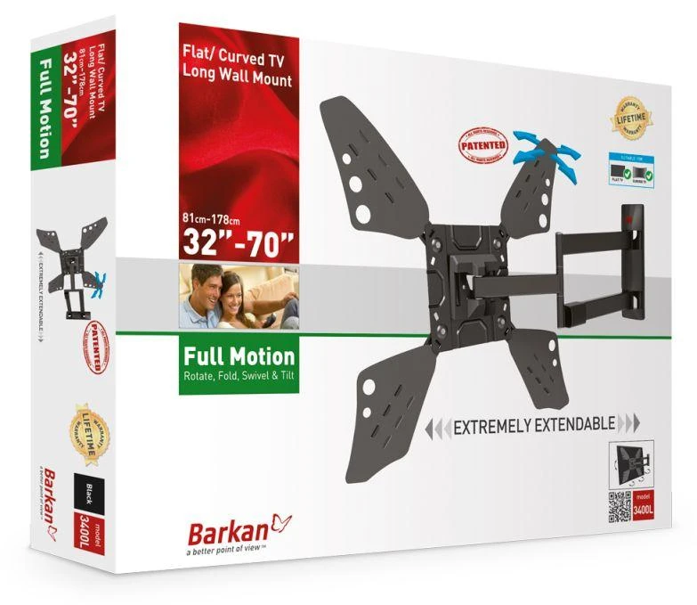Laikiklis BARKAN 3400L.B 65" lygiam/lenktam TV, 4 lankstų, sieninis, juodas