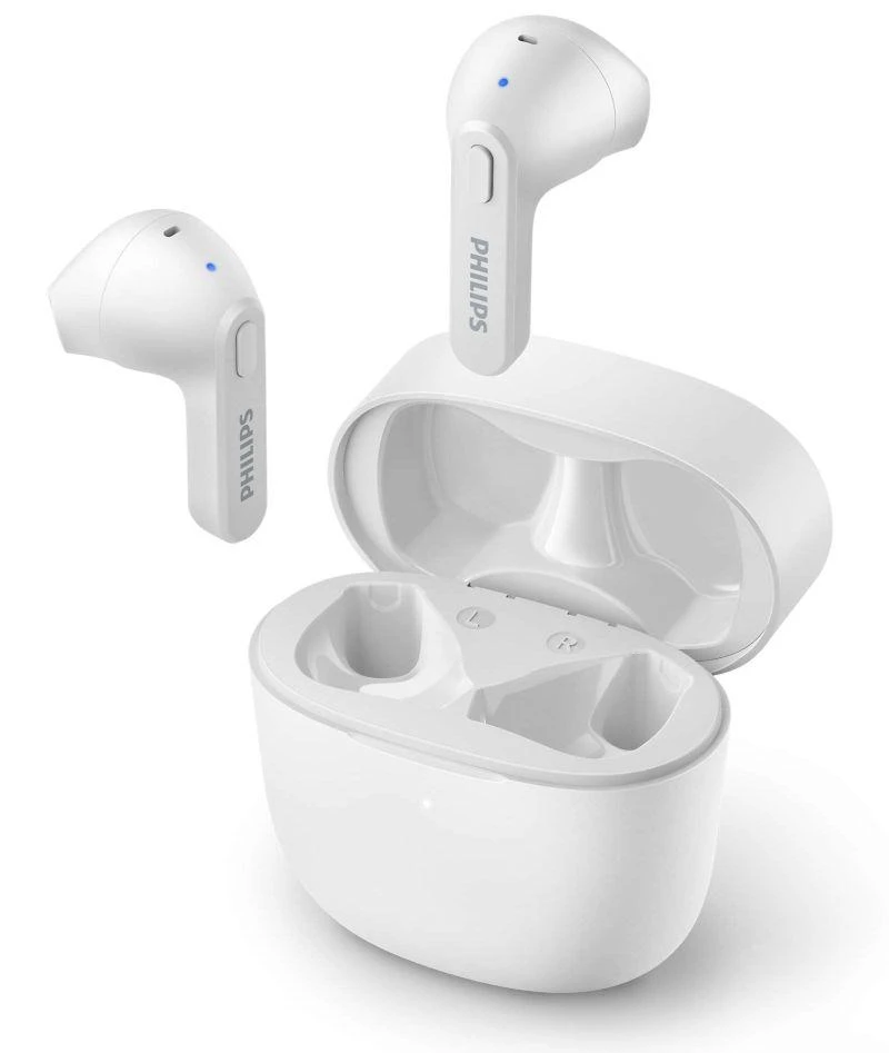 Baltos belaidės ausinės Philips su įkrovimo dėklu