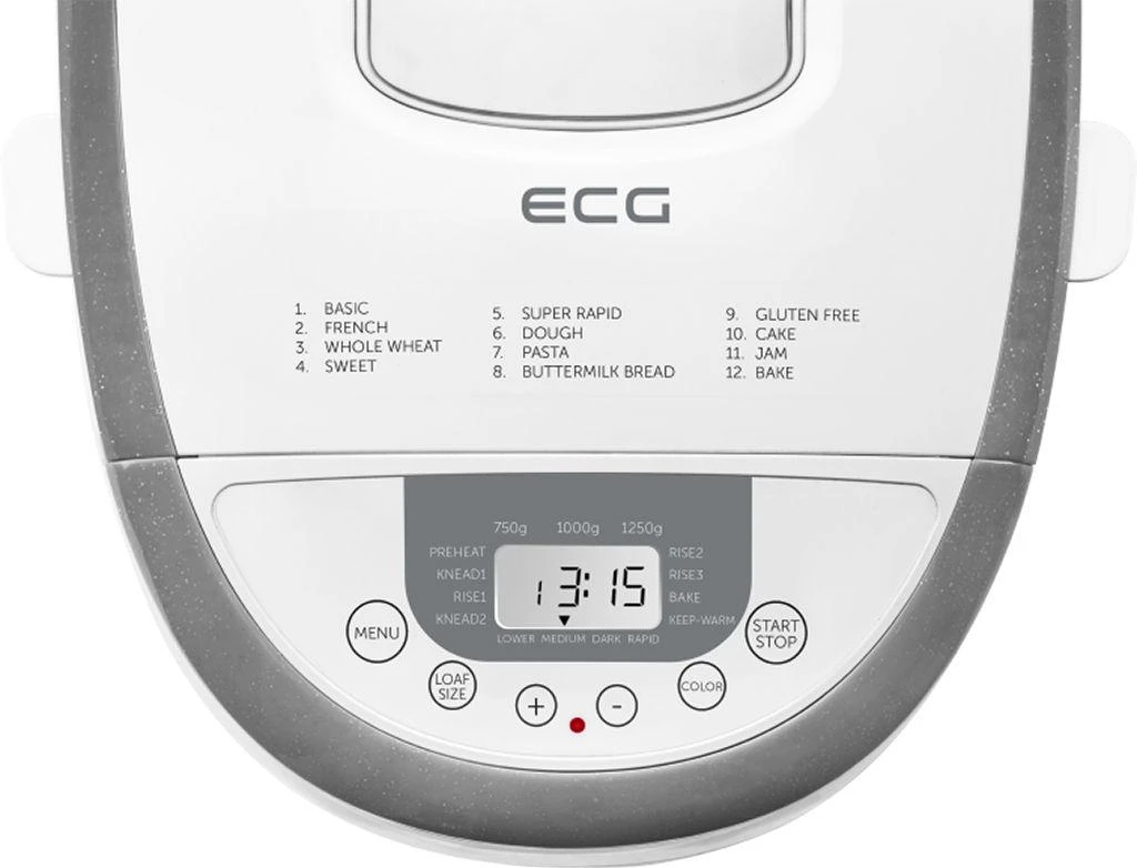 ECG EKG PCB 82120 Duonkepė, 12 skaitmeninių iš anksto nustatytų programų, dvigubi minkymo peiliukai, 15 valandų delsos laikmatis