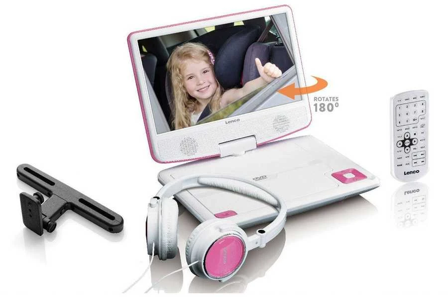 Vaizdo grotuvas LENCO DVP-910 9 DVD-Player + USB &amp; KfZ-Halterung. pink/wei