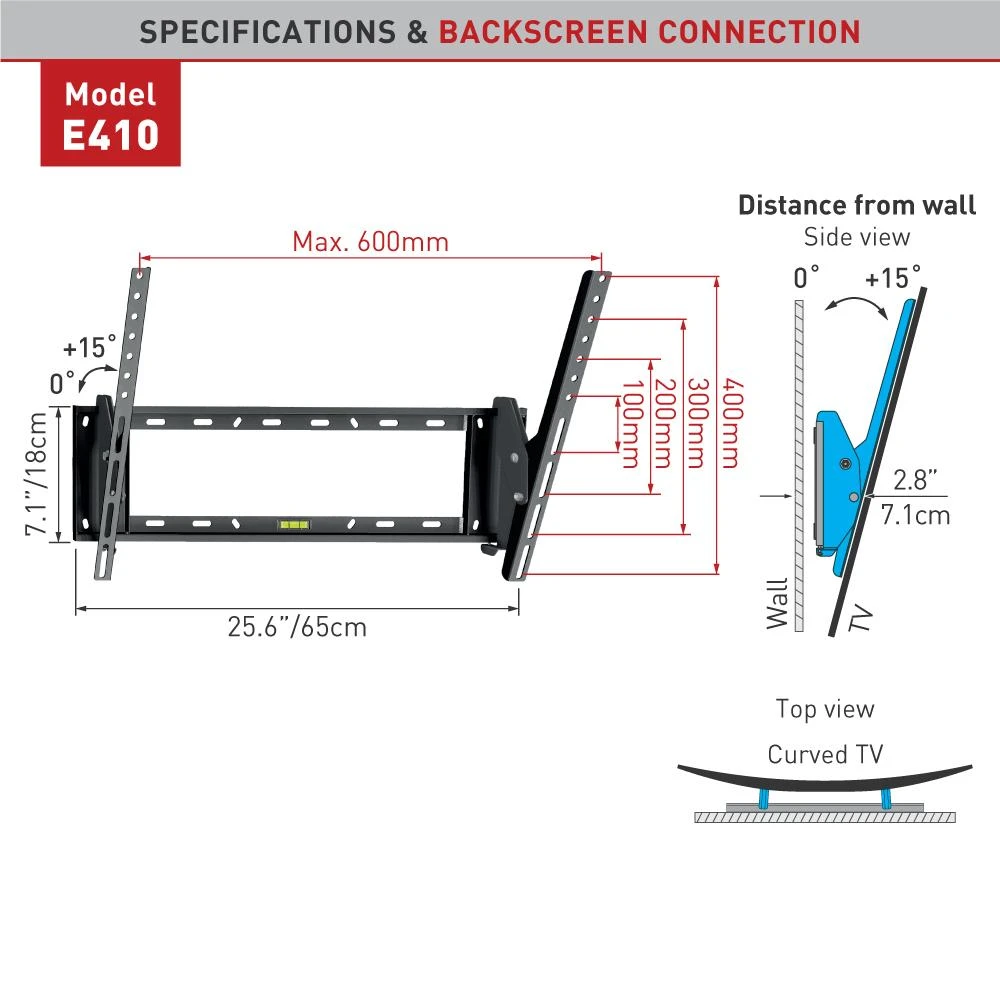 Barkan Flat/ Curved TV Wall Mount E410+ Sieninis laikiklis, Pakreiptas, 32-90 ", Maksimalus svoris (talpa) 60 kg, Juodas