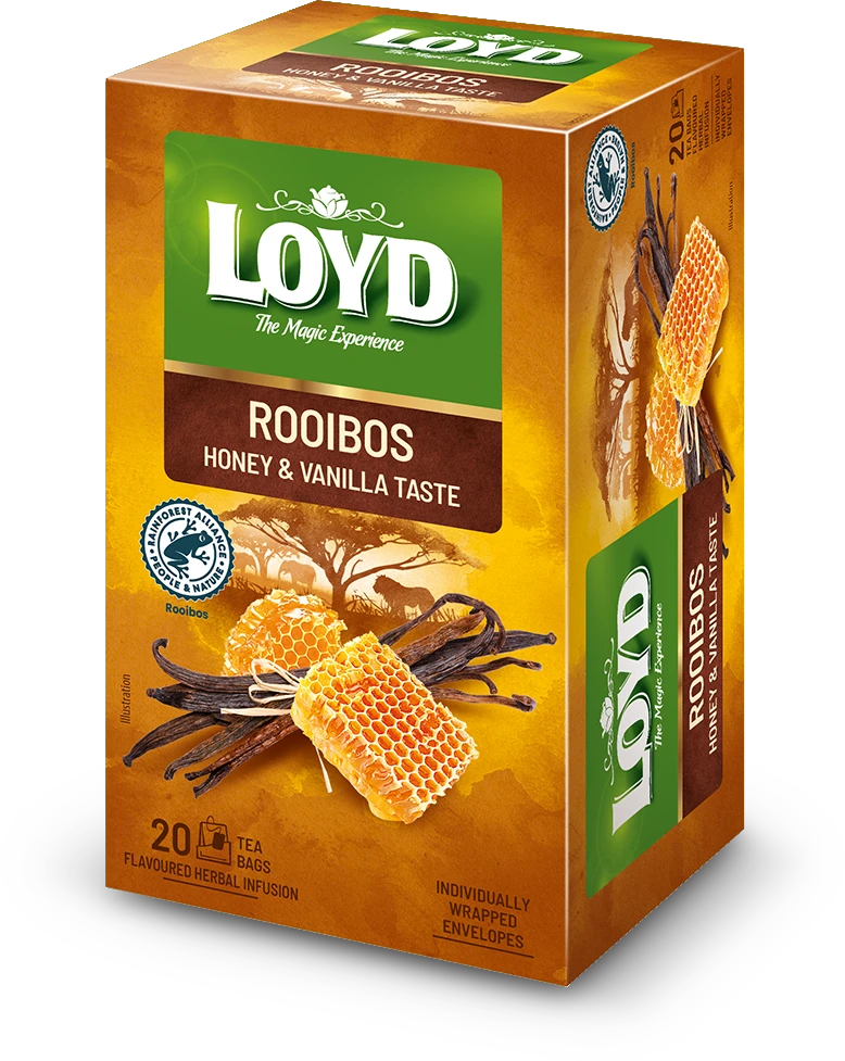 LOYD raudonoji arbata su medumi ir vanile, pakuotė