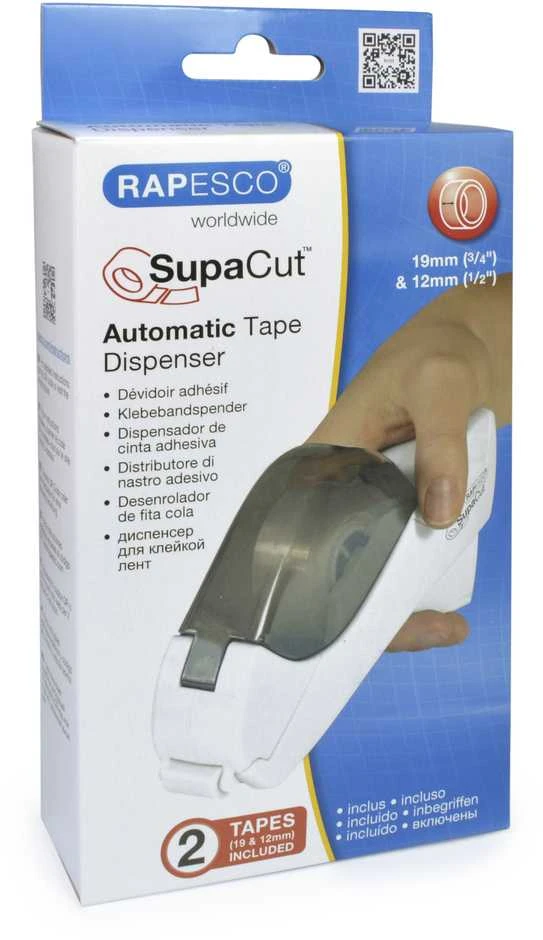 Automatinis lipnios juostos laikiklis Rapesco SupaCut™ su 2 lipnios juostos ritinėliais, baltas