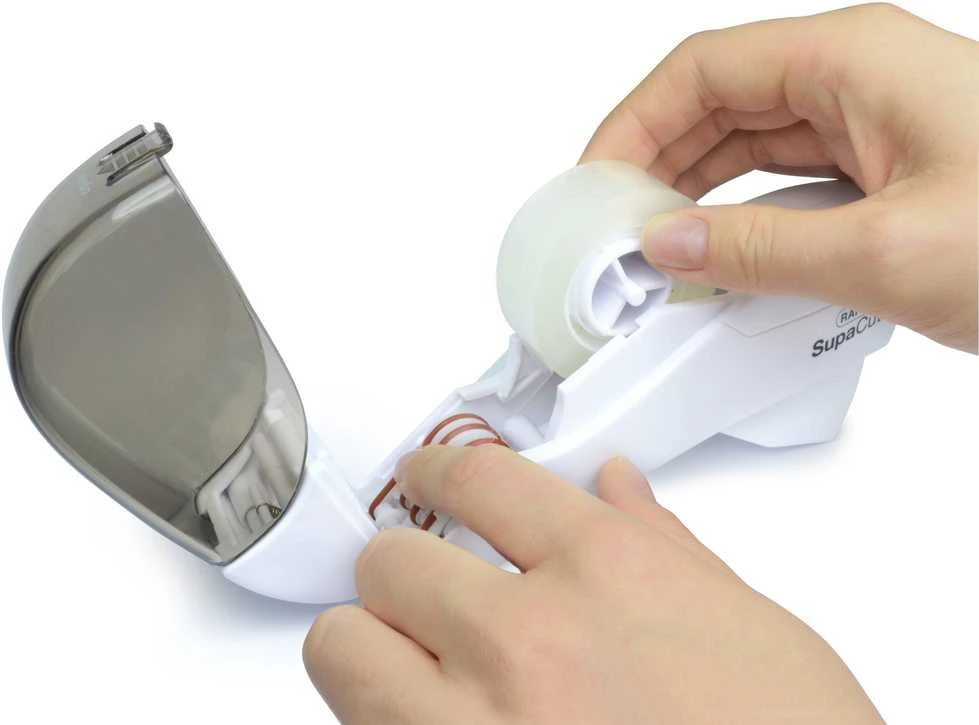 Automatinis lipnios juostos laikiklis Rapesco SupaCut™ su 2 lipnios juostos ritinėliais, baltas