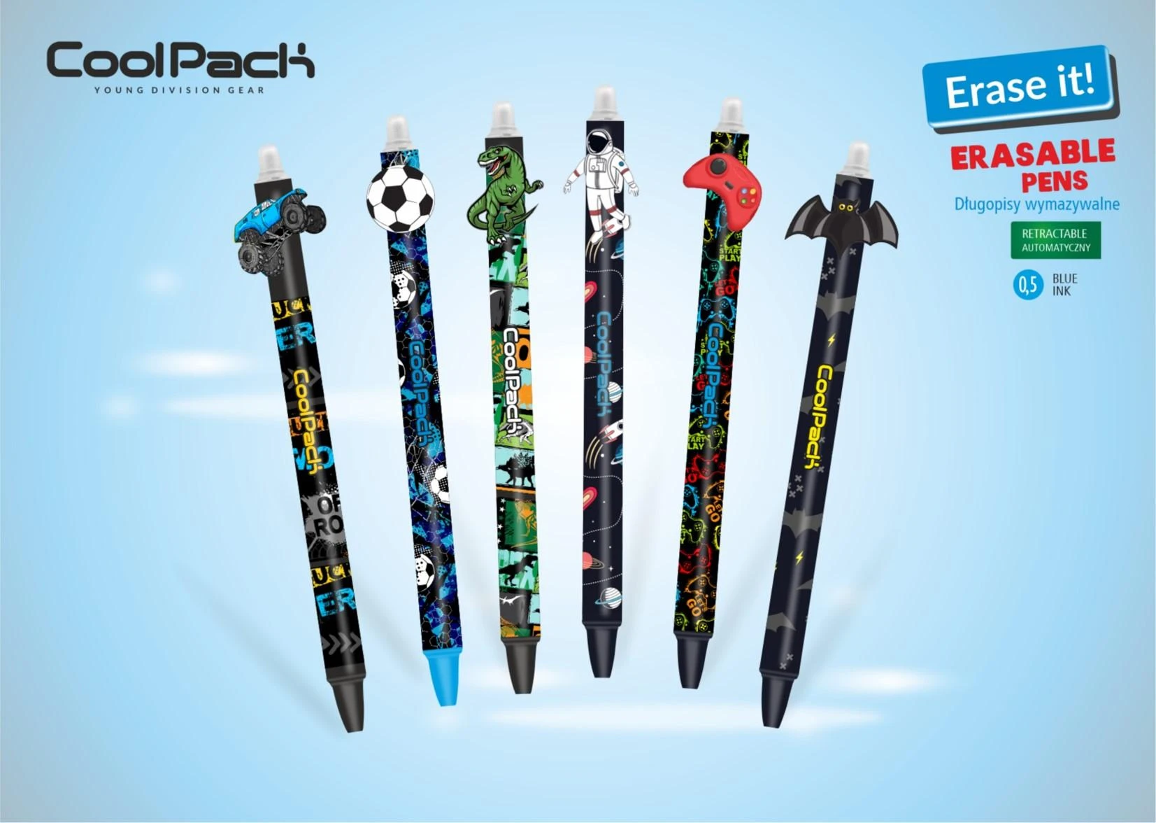 COOLPACK Automatinis trinamasis rašiklis COLORINO Boys Design 0,5mm, mėlynos sp.
