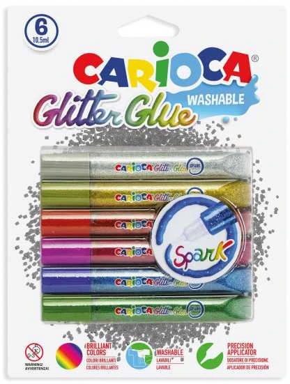 Dekoraciniai klijai CARIOCA, 6 spalvos po 10,5 ml, su blizgučiais