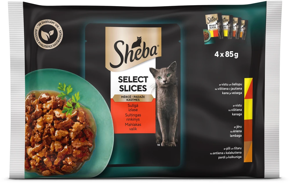 Ėdalas katėms SHEBA, įvairios mėsos rinkinys, maišeliuose, 4 x 85 g
