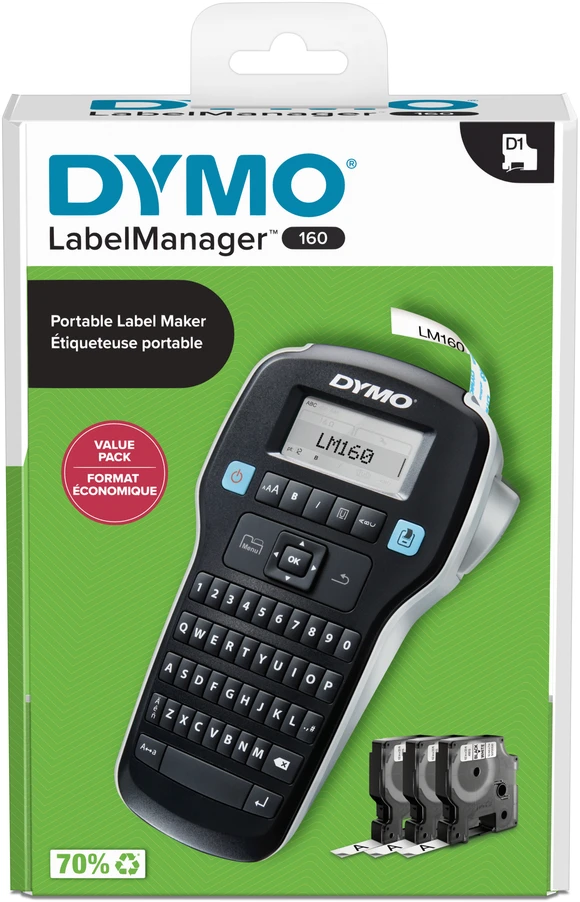 DYMO LabelManager 160 etikečių spausdintuvo pradinis rinkinys su 3 D1 etikečių juostos ritinėliais | Nešiojamasis etikečių spausdinimo aparatas | QWERTY klaviatūra | Idealiai tinka biurui ar namams