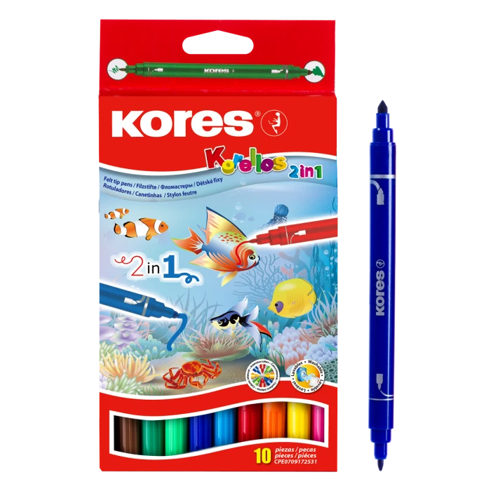 Flomasteriai dvipusiai KORES KORELLO 2 in 1, 10 vnt., dvipusiai