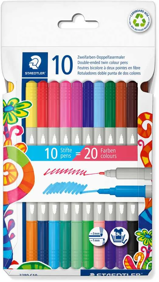 Flomasteriai STAEDTLER, dvipusiai, dvispalviai, 10 vnt.