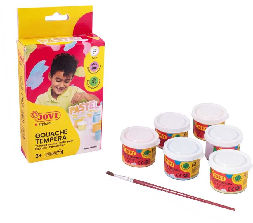 Guašas JOVI TEMPERA, 35 ml, 6 pastelinių spalvų rinkinys su teptuku