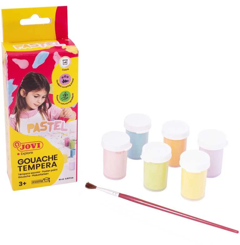 Guašas tempera JOVI, 15 ml, 6 pastelinių spalvų rinkinys su teptuku
