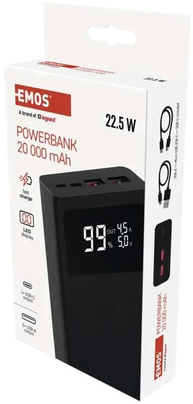 Išorinė baterija EMOS BETAQ 20, 20 000 mAh 22.5 W, juoda