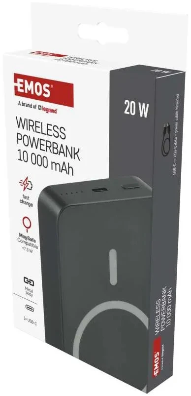 Išorinė baterija EMOS WI 1046, 10 000 mAh 20 W, belaidis įkrovimas, pilka