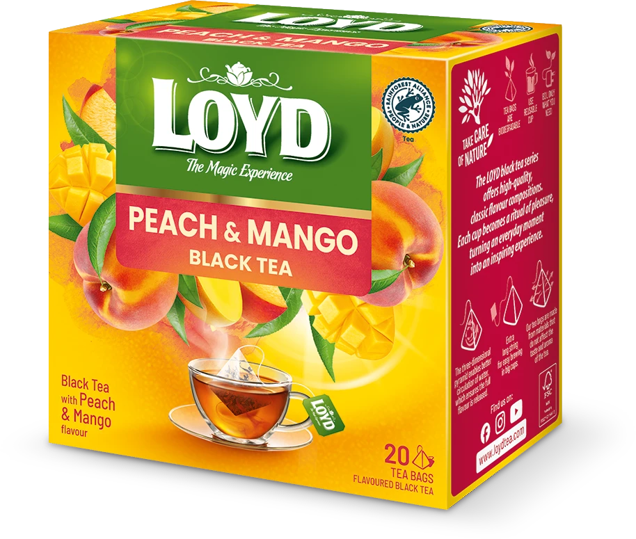 Juodoji arbata LOYD, persikų ir mangų aromato, 20x2g
