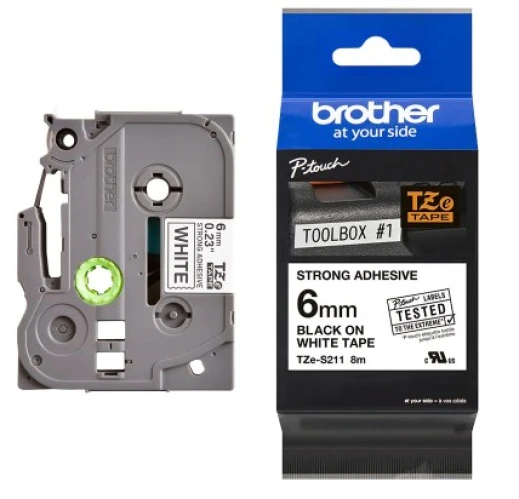 Brother | TZe-S211 Strong Adhesive Laminated Tape | Juodas on Baltas | TZe | 8 m | 6 cm