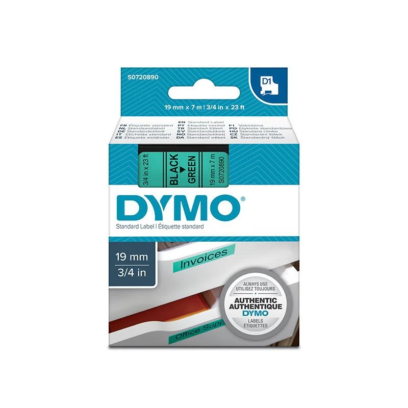 D1, prekės ženklo juosta, 19mm, juodas tekstas ant žalios juostos, 7m - 45800 DYMO / S0720890
