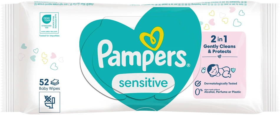 Pampers Sensitive Servetėlės Kūdikiams, 52 Servetėlės