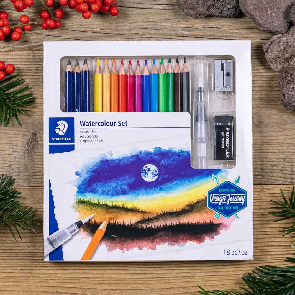 Kūrybinis rinkinys STAEDTLER 146 10C, 12 spalvotų pieštukų + 3 grafitiniai pieštukai, vandens teptukas, drožtukas
