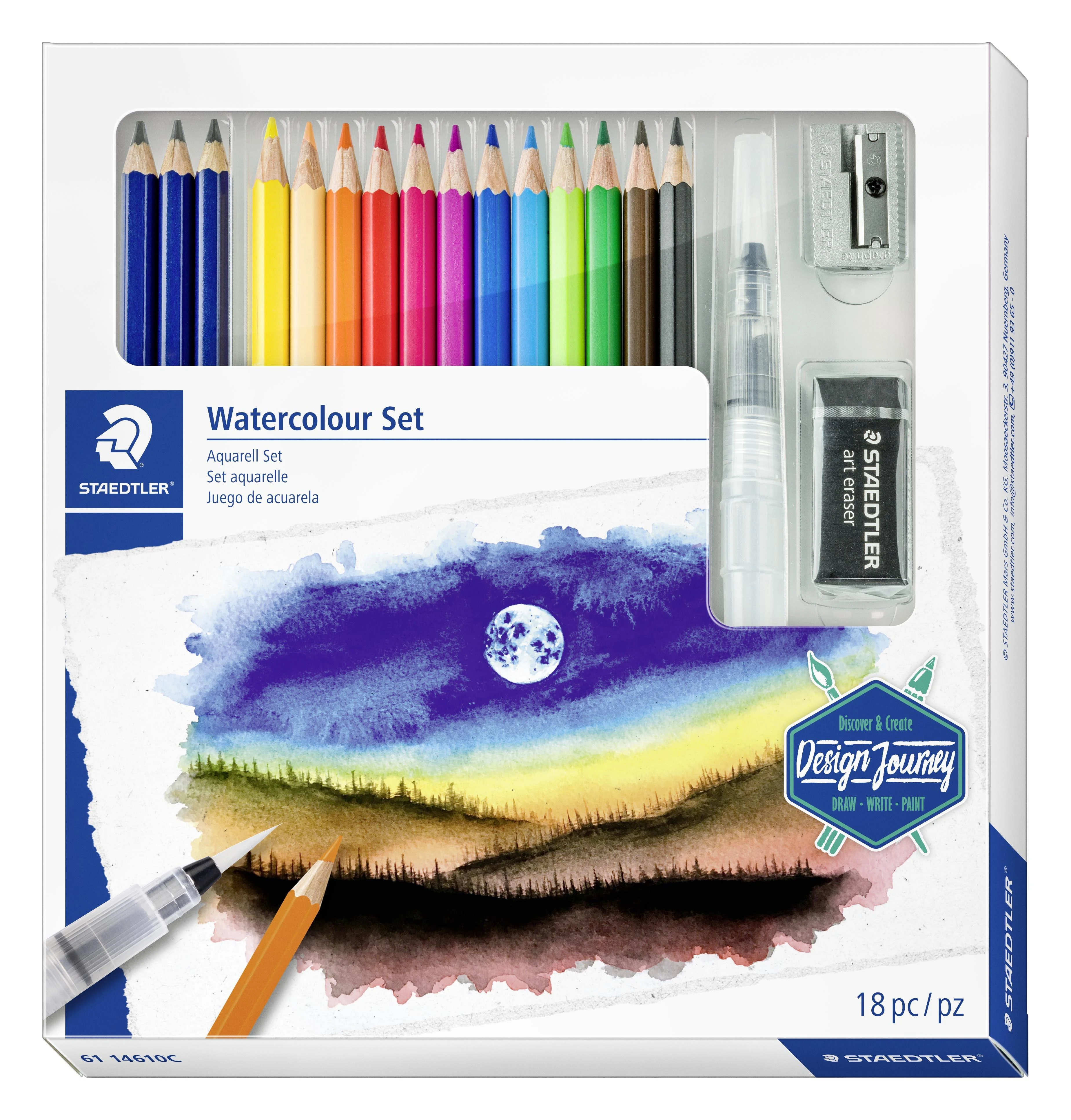 Kūrybinis rinkinys STAEDTLER 146 10C, 12 spalvotų pieštukų + 3 grafitiniai pieštukai, vandens teptukas, drožtukas