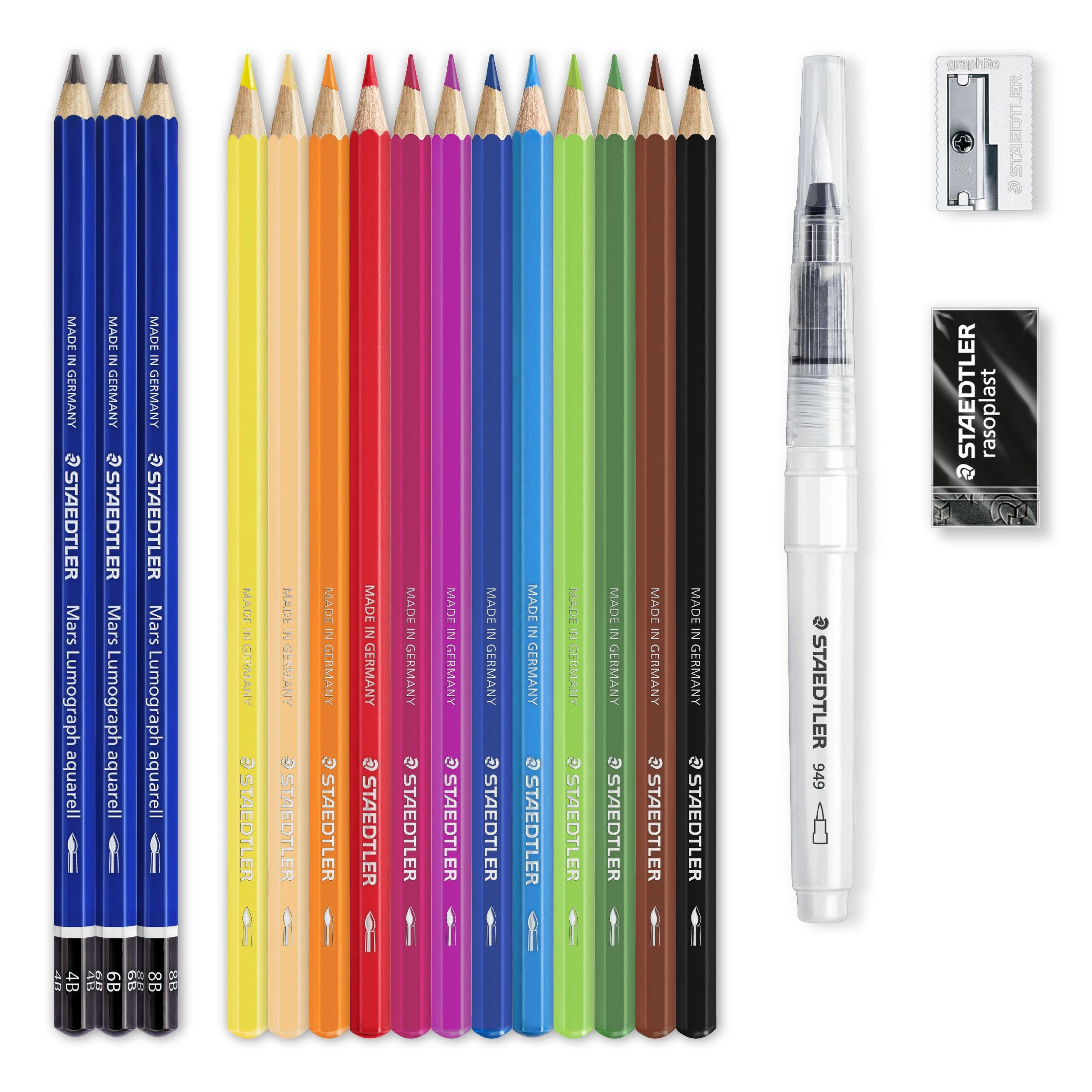 Kūrybinis rinkinys STAEDTLER 146 10C, 12 spalvotų pieštukų + 3 grafitiniai pieštukai, vandens teptukas, drožtukas
