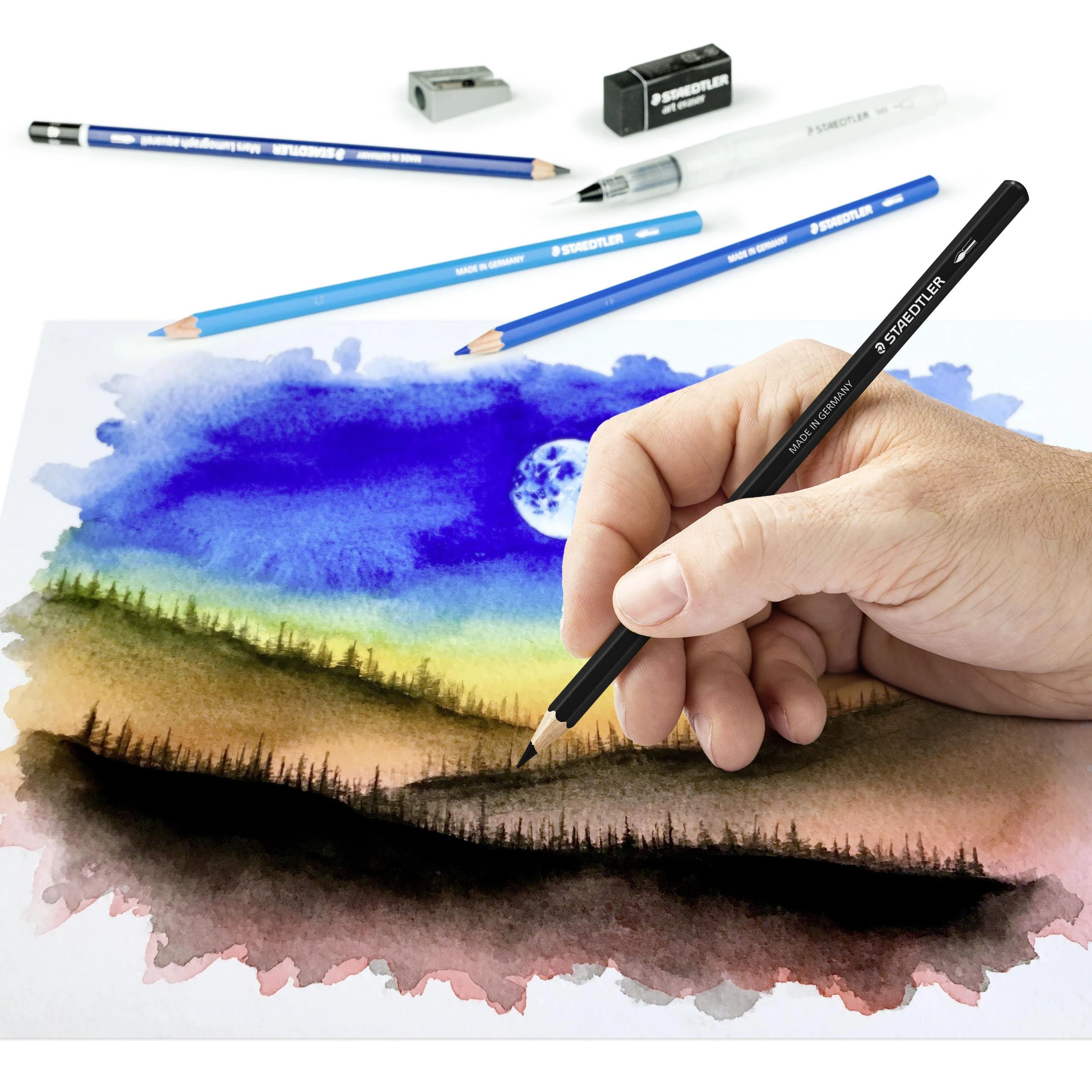 Kūrybinis rinkinys STAEDTLER 146 10C, 12 spalvotų pieštukų + 3 grafitiniai pieštukai, vandens teptukas, drožtukas