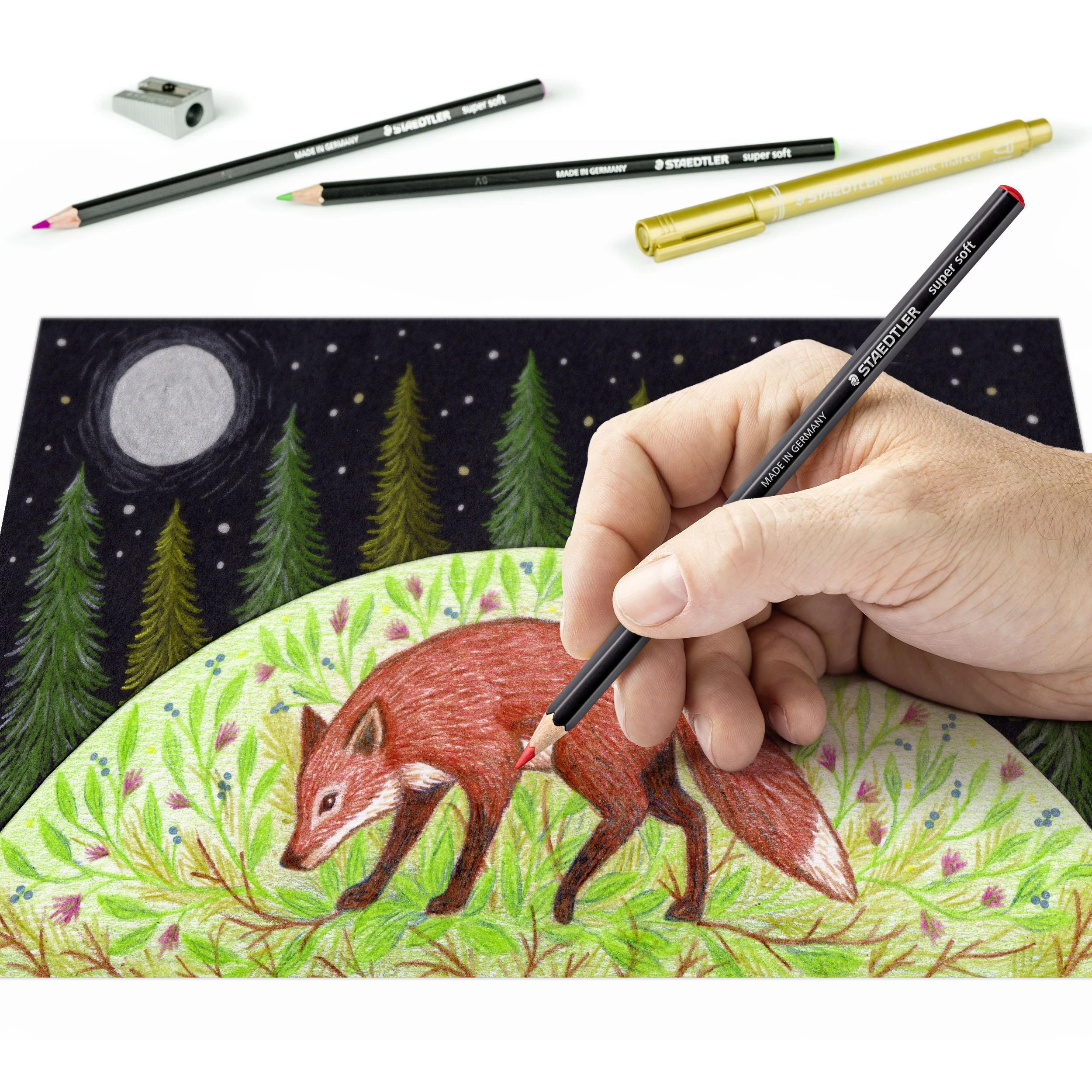 Kūrybinis rinkinys STAEDTLER 146 10C, 12 palvotų pieštukų + 4 žymekliai, drožtukas